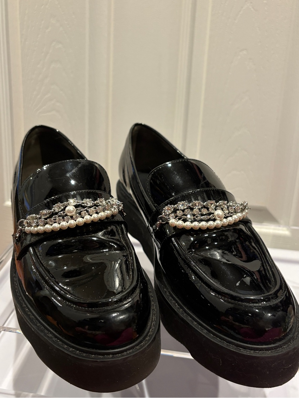 Stuart Weitzman Black Patent Pearl & Chain Loafers
